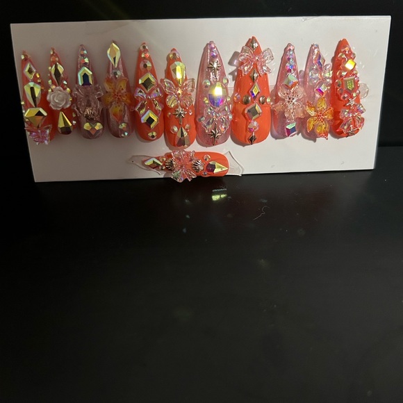 Orange Rhinestone Embellished False Nails - Picture 1 of 3